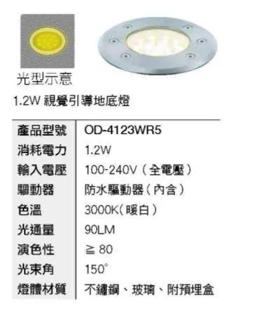 LED 1.2W地底燈(內附預埋盒.驅動器)全電壓 OD-4123BR5藍光 / OD-4123WR5暖白