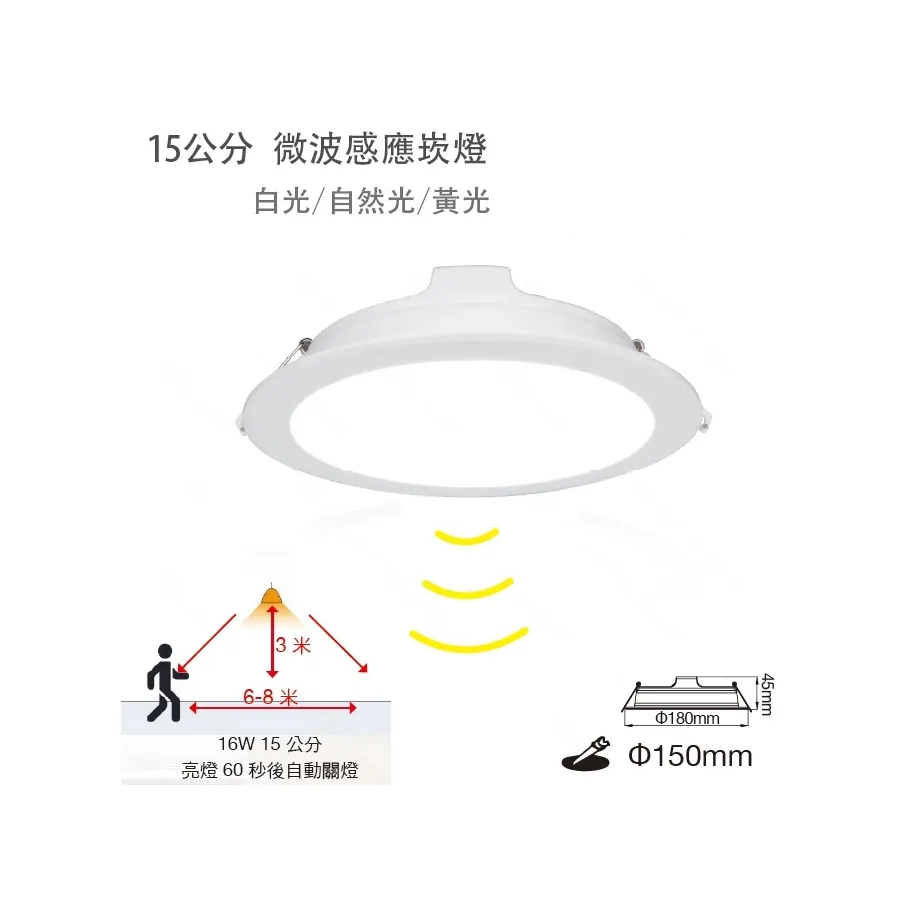 舞光 8W9公分 16W15公分 LED微波感應崁(D-9DOP8MS/LED-15DOP16)全電壓