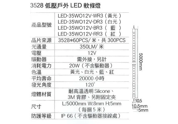 舞光3528低壓戶外LED軟條燈 (白光/黃光)D-35WO12V4 驅動器另購，一捆五米