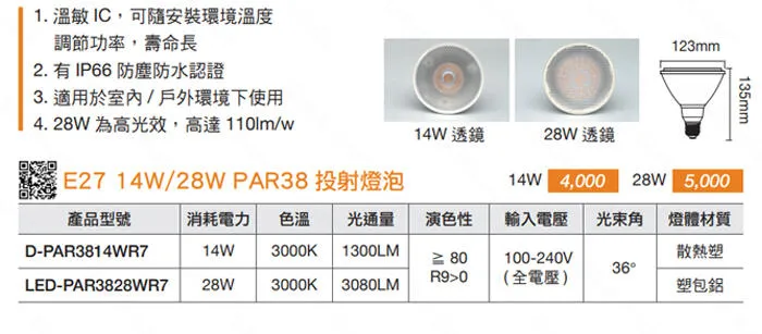 舞光 防水型LED E27燈頭 14W 28W PAR38 投射燈泡 IP66全電壓 LED-PAR38