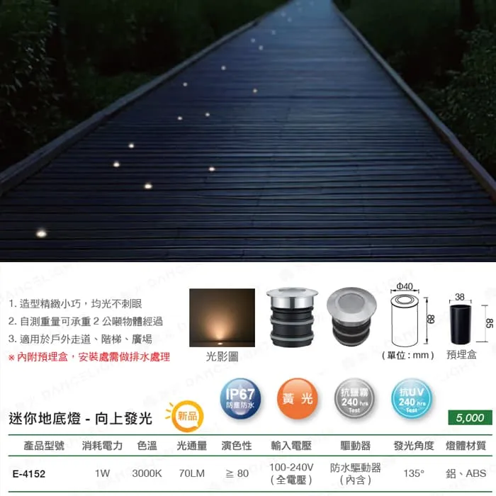舞光 LED 1W迷你地底燈3000K 向上發光/三側發光 (E-4152/E-4153) IP67防塵防水等級