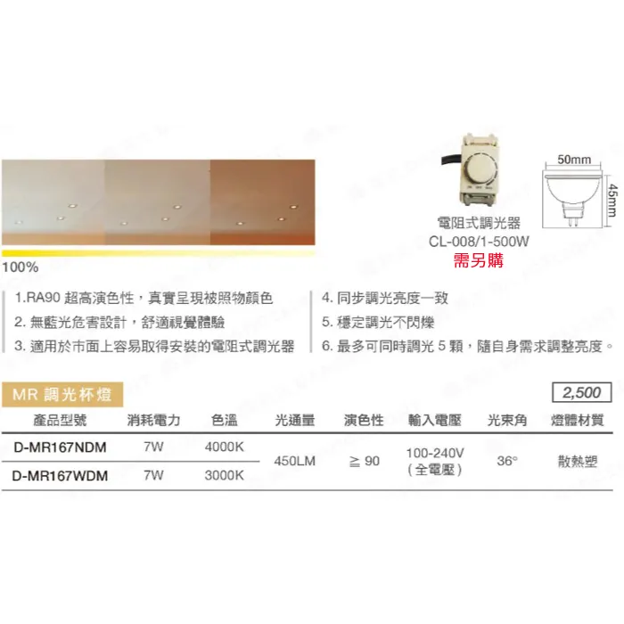 舞光 LED MR16 調光杯燈 7W燈泡 內附專屬驅動器 需搭配調光器 D-MR167NDM LED-MR167WDM