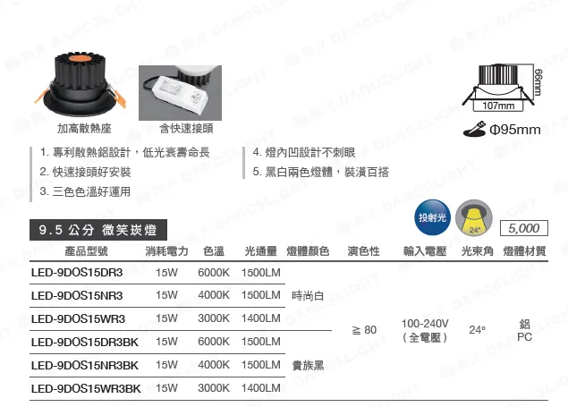 舞光 LED 8W  15W微笑窄角投射型崁燈 燈體可調角 崁入孔95mm LED-9DOS8  LED-9DOS15 白框/黑框