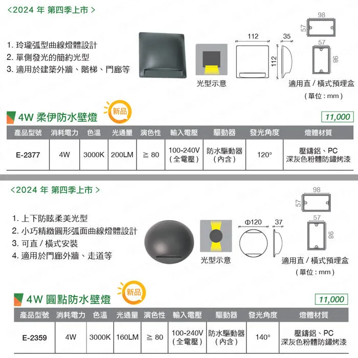 舞光 LED 4W 柔伊/圓點防水壁燈 戶外壁燈 庭園燈 IP66戶外壁燈 E-2377 E-2359