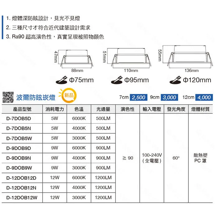 舞光 LED 7公分/9公分/12公分波爾防眩崁燈 D-7DOB5 D-9DOB9 D-12DOB12