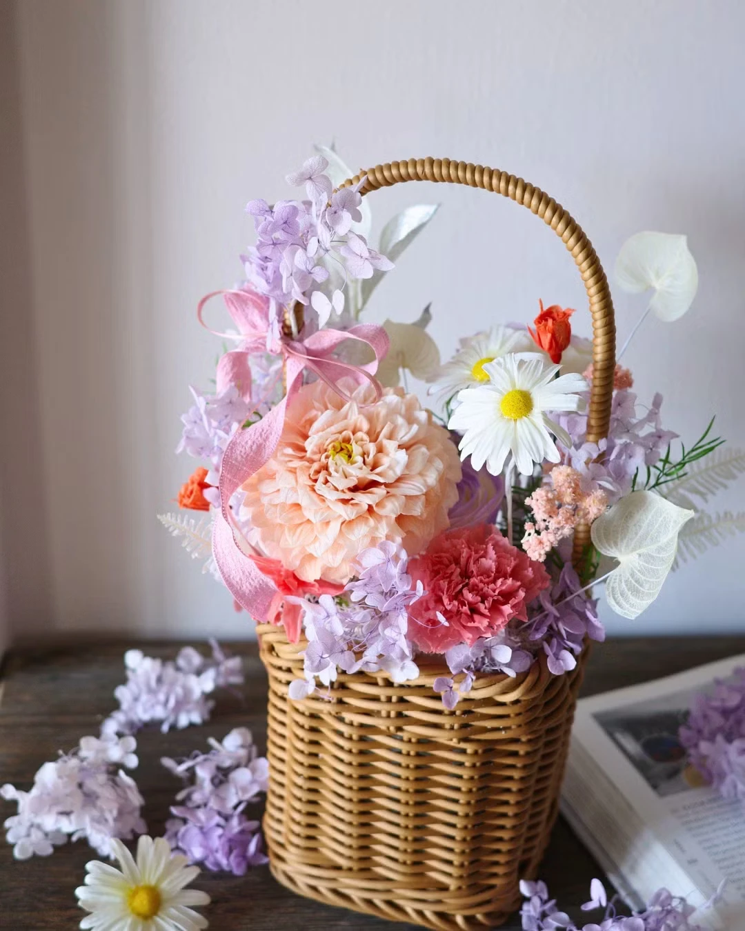 【春日野餐】手作竹籃永生花
