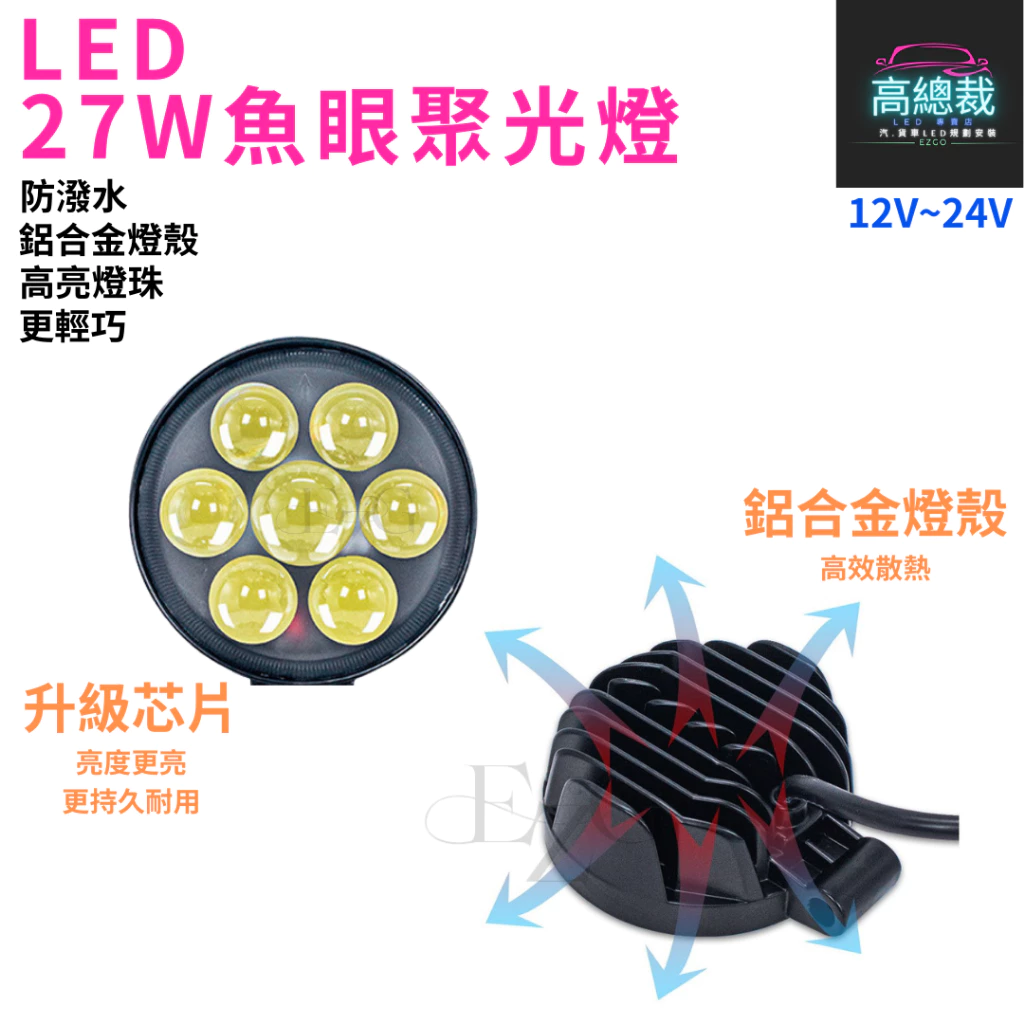 【高總裁LED 】台灣現貨 27W魚眼聚光燈 工作燈 聚光 暖黃光 白光 防水 高亮 12V 24V 照明 照輪 照地