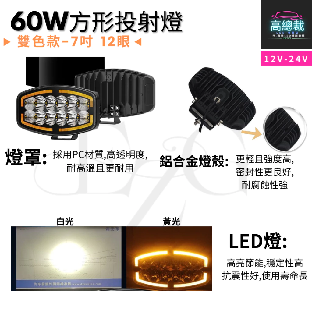 【高總裁LED】台灣現貨 60W方形投射燈 雙色 車頂燈 聚光燈 車頂燈 探照燈 飛機燈 Scania MAN DAF