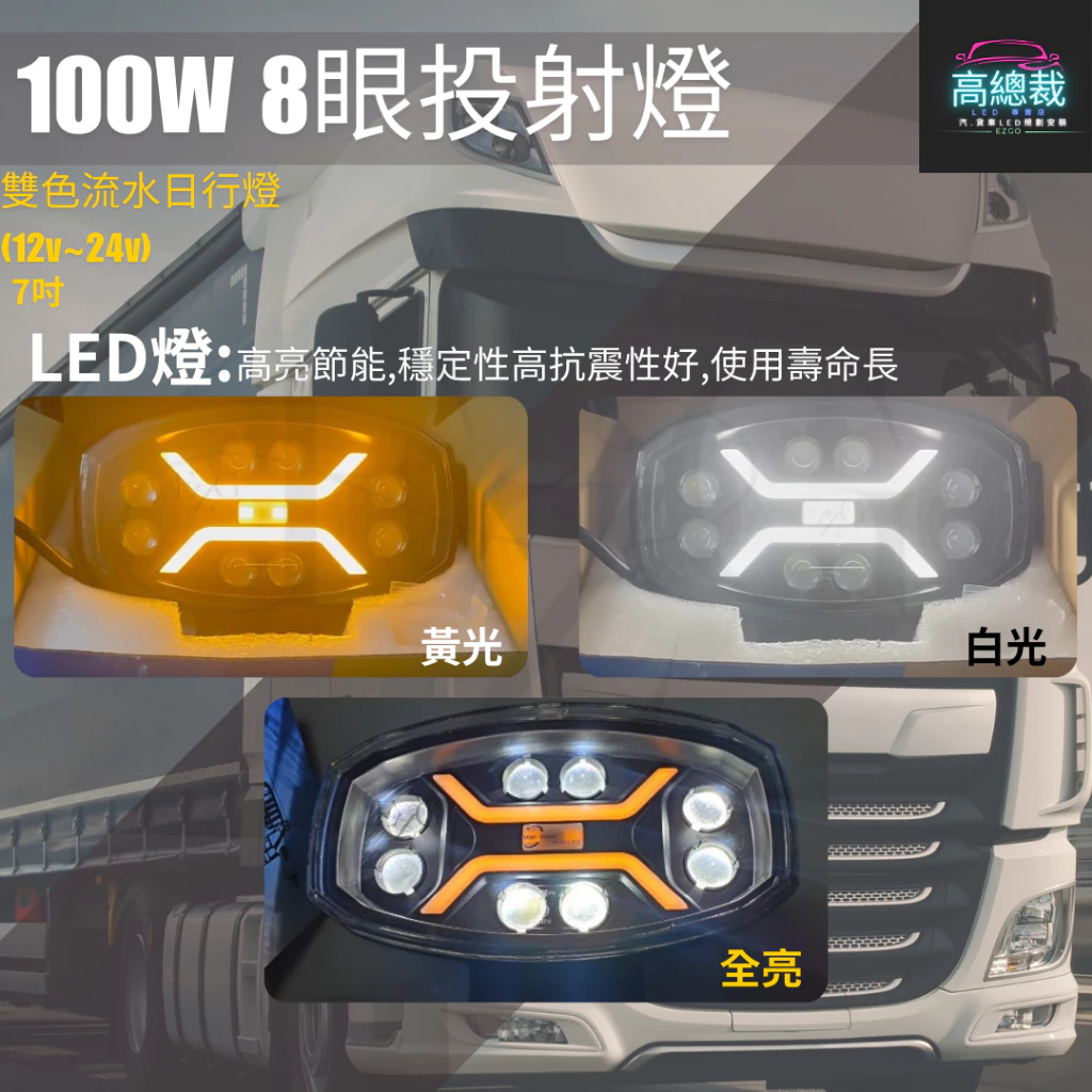 【高總裁LED】台灣現貨 100W8眼投射燈 雙色 車頂燈 聚光燈 飛機燈 探照燈 Scania MAN DAF 歐卡