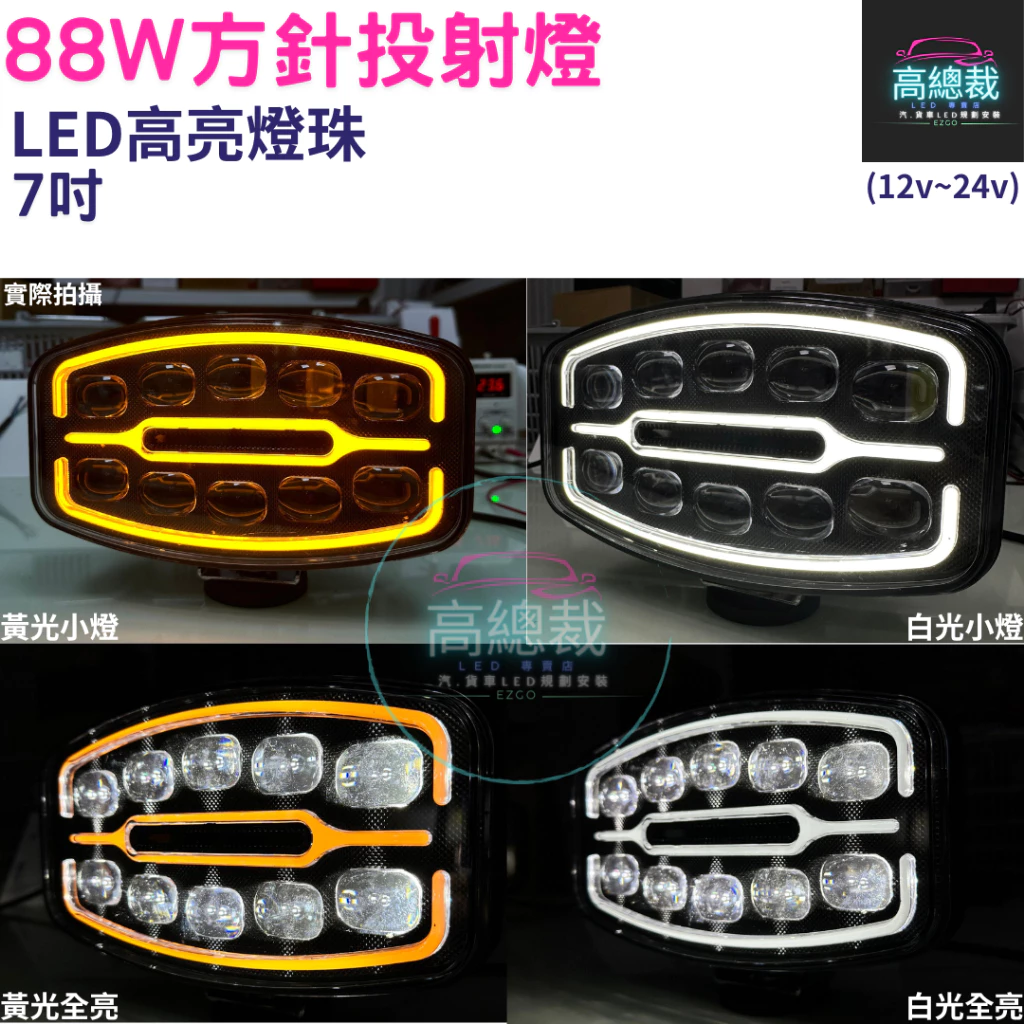 LED 88W方針投射燈 歐系車頂霧燈 霧燈 日行燈 車頂燈 貨車 卡車 山貓 吊車 探照燈 工作燈 白鐵管 射燈