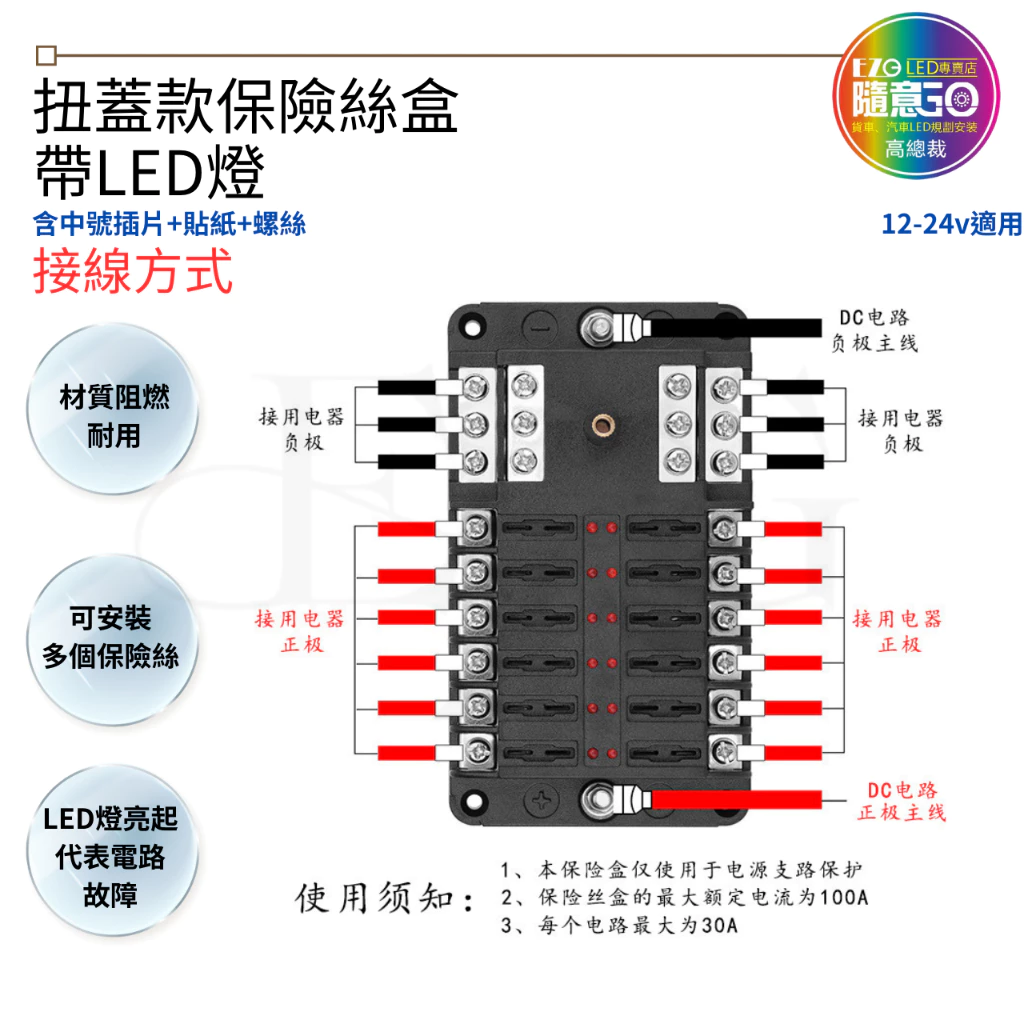 【高總裁LED 】台灣現貨 扭蓋款保險絲盒 6路12路 帶LED燈 中號 可插式插片 不分正反 接線盒 取電器 取電