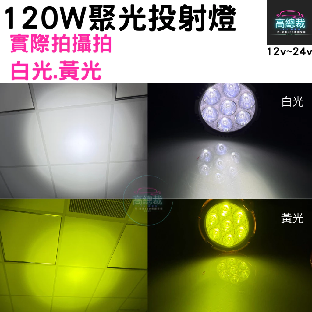 【高總裁LED 】台灣現貨 120W投射燈 白光(附黃蓋) 高亮聚光 霧燈 輔助燈 探照燈 歐規插頭12V~24V