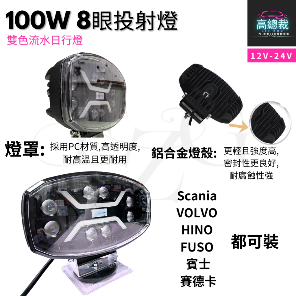 【高總裁LED】台灣現貨 100W8眼投射燈 雙色 車頂燈 聚光燈 飛機燈 探照燈 Scania MAN DAF 歐卡