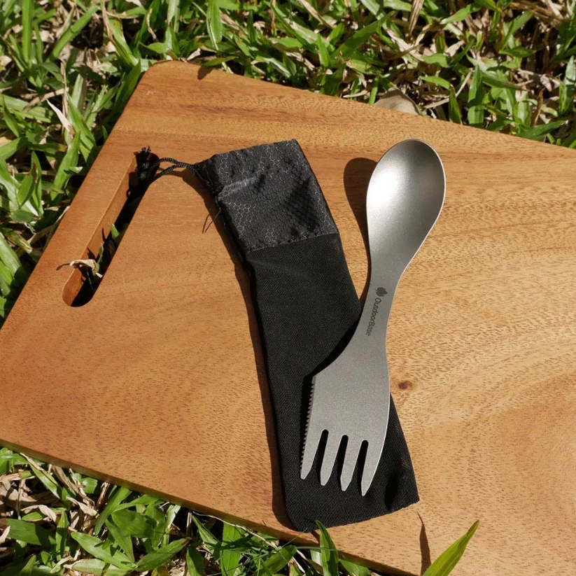 【綠色工場】Outdoorbase 野夫炊煙 純鈦多功能餐具 三合一叉匙 摺疊湯匙 摺疊餐具 鈦金屬 露營餐具 野營登山