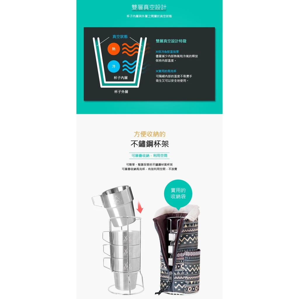 【綠色工場】KAZMI KZM 不鏽鋼雙層馬克杯4入組(藍灰色) 水杯 茶杯 不鏽鋼杯 雙層杯 隔熱杯 露營 野營 戶外