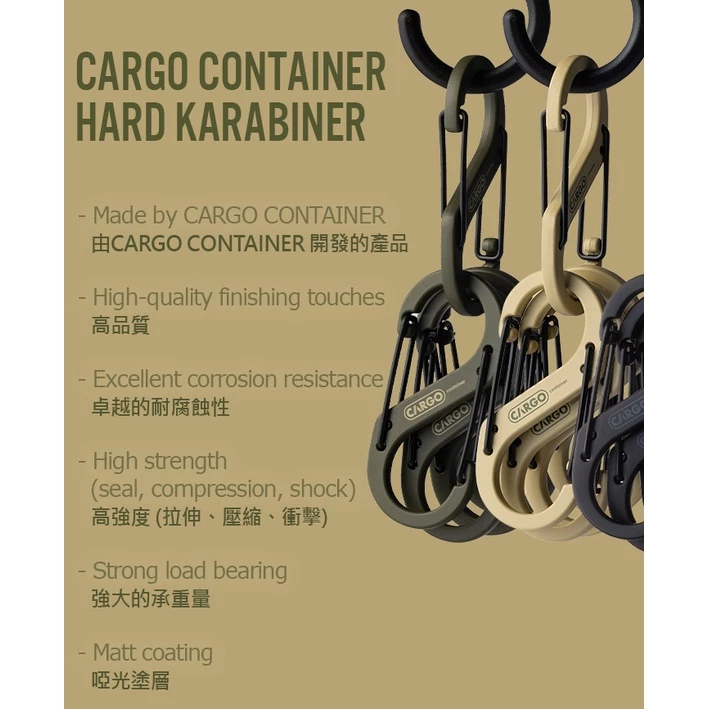 【綠色工場】 CARGO S型登山扣 金屬掛勾 S扣 可承重100kg 鋅合金 啞光黑/沙色/軍綠 露營神器 掛勾