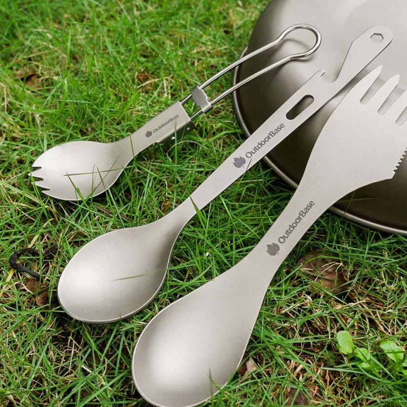 【綠色工場】Outdoorbase 野夫炊煙 純鈦多功能餐具 三合一叉匙 摺疊湯匙 摺疊餐具 鈦金屬 露營餐具 野營登山
