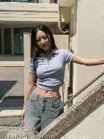 正韓翻領拉鍊側抓皺綁帶上衣