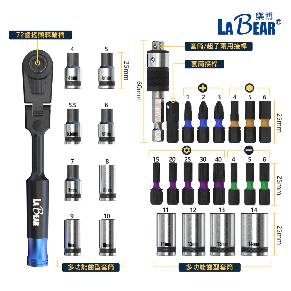 【LaBear 】固定式 搖頭棘輪 29件組 多功能棘輪套筒起子組 角度鎖定 棘輪柄 齒型套筒 套筒/扳手起子頭組