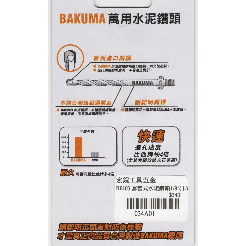 熊牌 萬用水泥鑽尾1/8