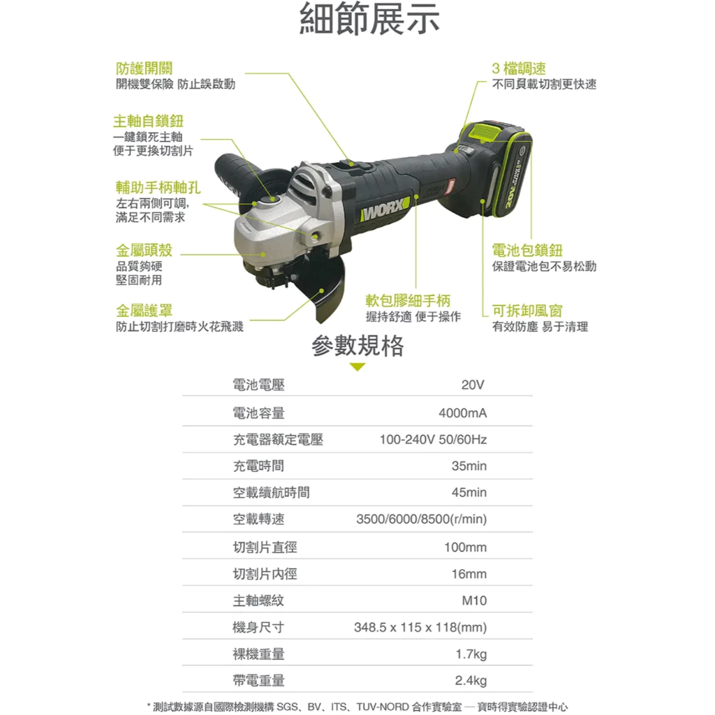 WU808鋰電無刷平面砂輪機20V 100mm切割 平面 粗炳 角磨 拋光 切割 金屬 木頭 水電 木工 WORX威克士