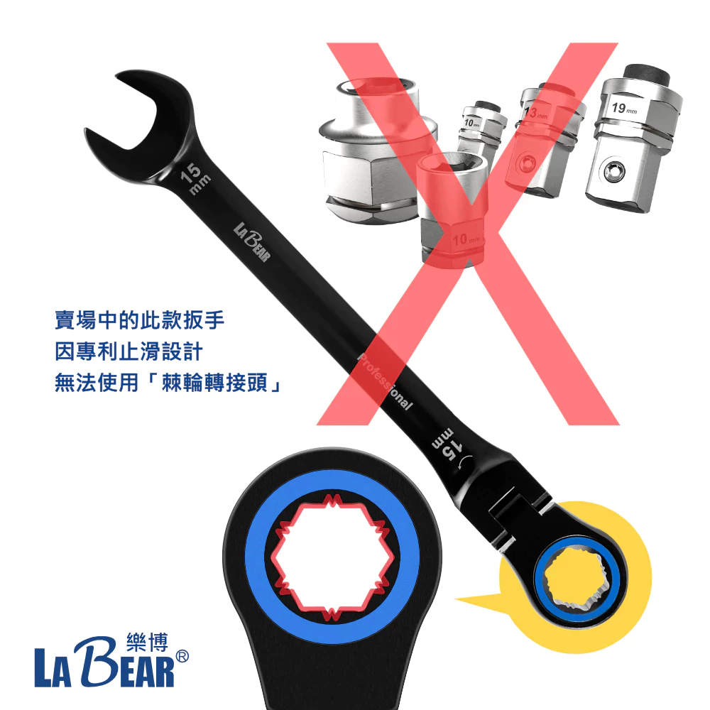【LaBear】搖頭 電著黑 棘輪梅開扳手 8-19mm 防滑 搖頭 梅開板手 120齒 專利設計 活動頭棘輪扳手