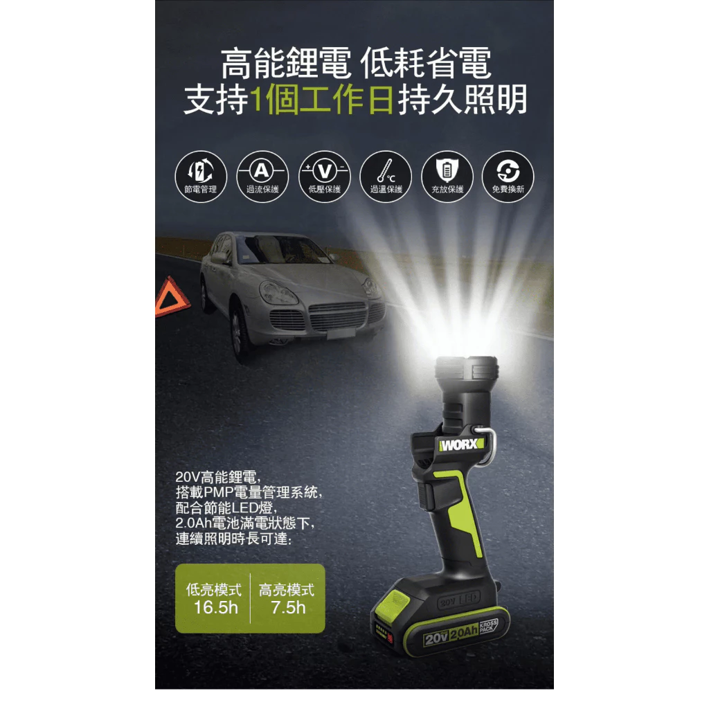 WU027.9 鋰電手電筒20V 兩段可調 露營燈 手持照明 LED 高亮度 探照 工作燈 WORX 威克士