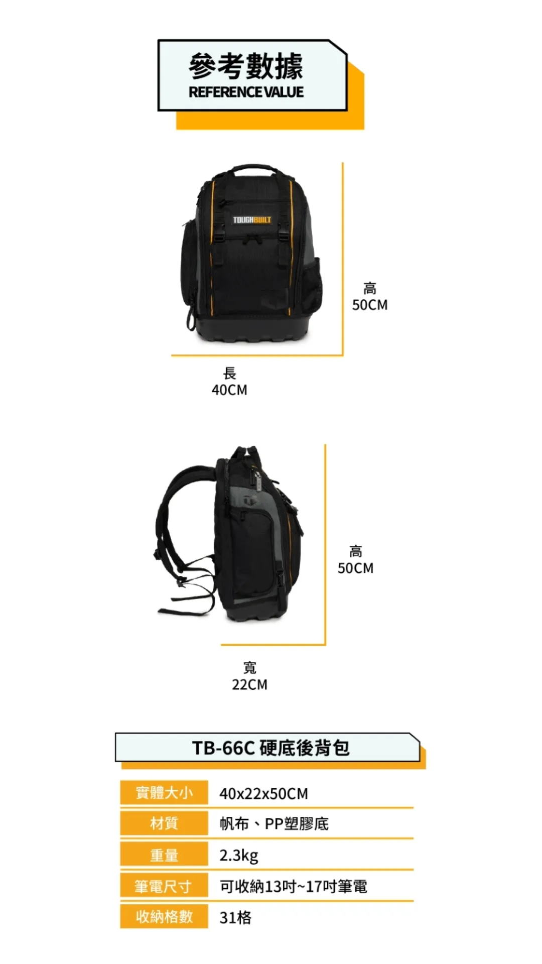 TB-66C硬底後背包 TOUGHBUILT托比爾 31格收納 收納扣環 背部緩衝墊 防水耐磨 橡膠底 13~17吋筆電