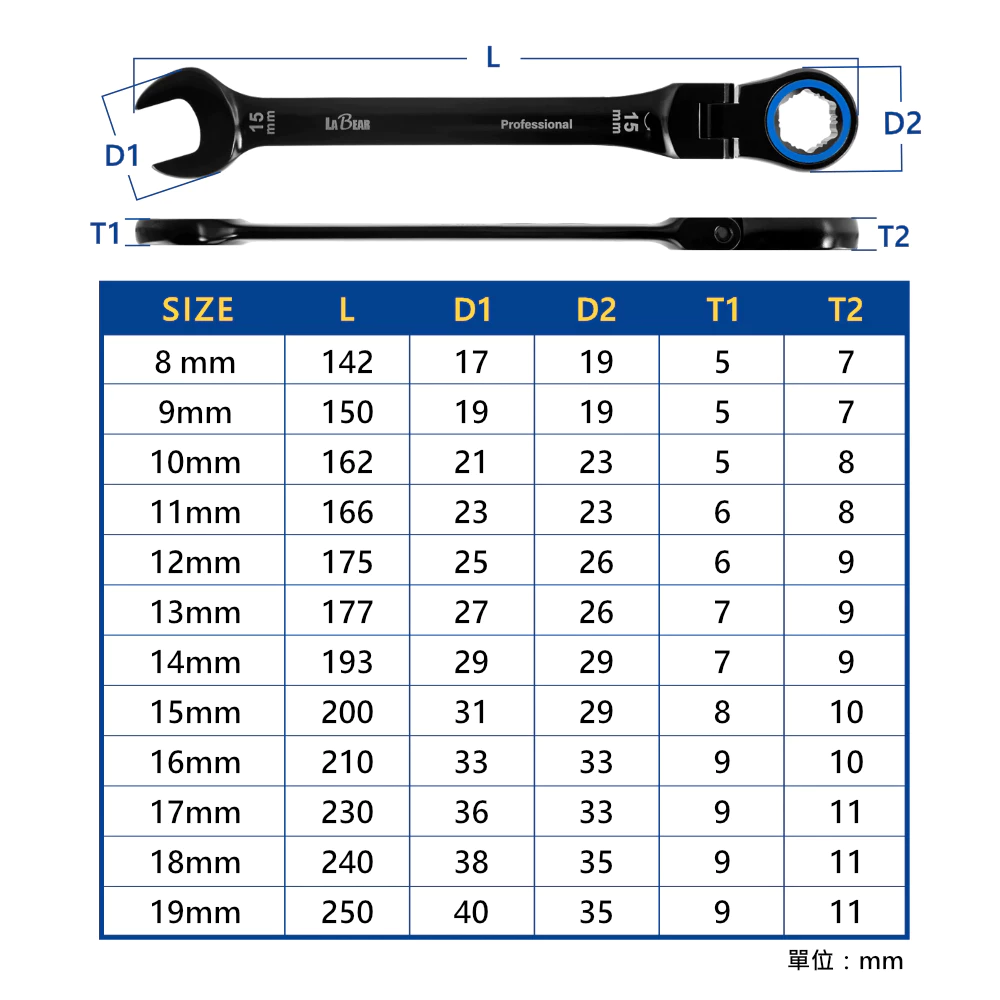 【LaBear】搖頭 電著黑 棘輪梅開扳手 8-19mm 防滑 搖頭 梅開板手 120齒 專利設計 活動頭棘輪扳手