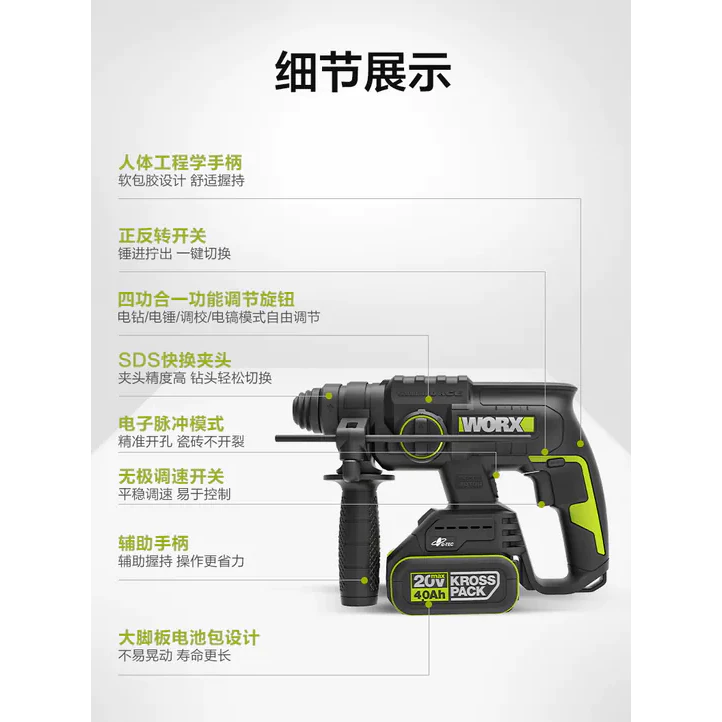 WU387 鋰電無刷免出力電錘20V 22mm 錘鑽/平鑽 雙功能 水泥 地板 鑽牆 水電 居家 電槌 WORX威克士