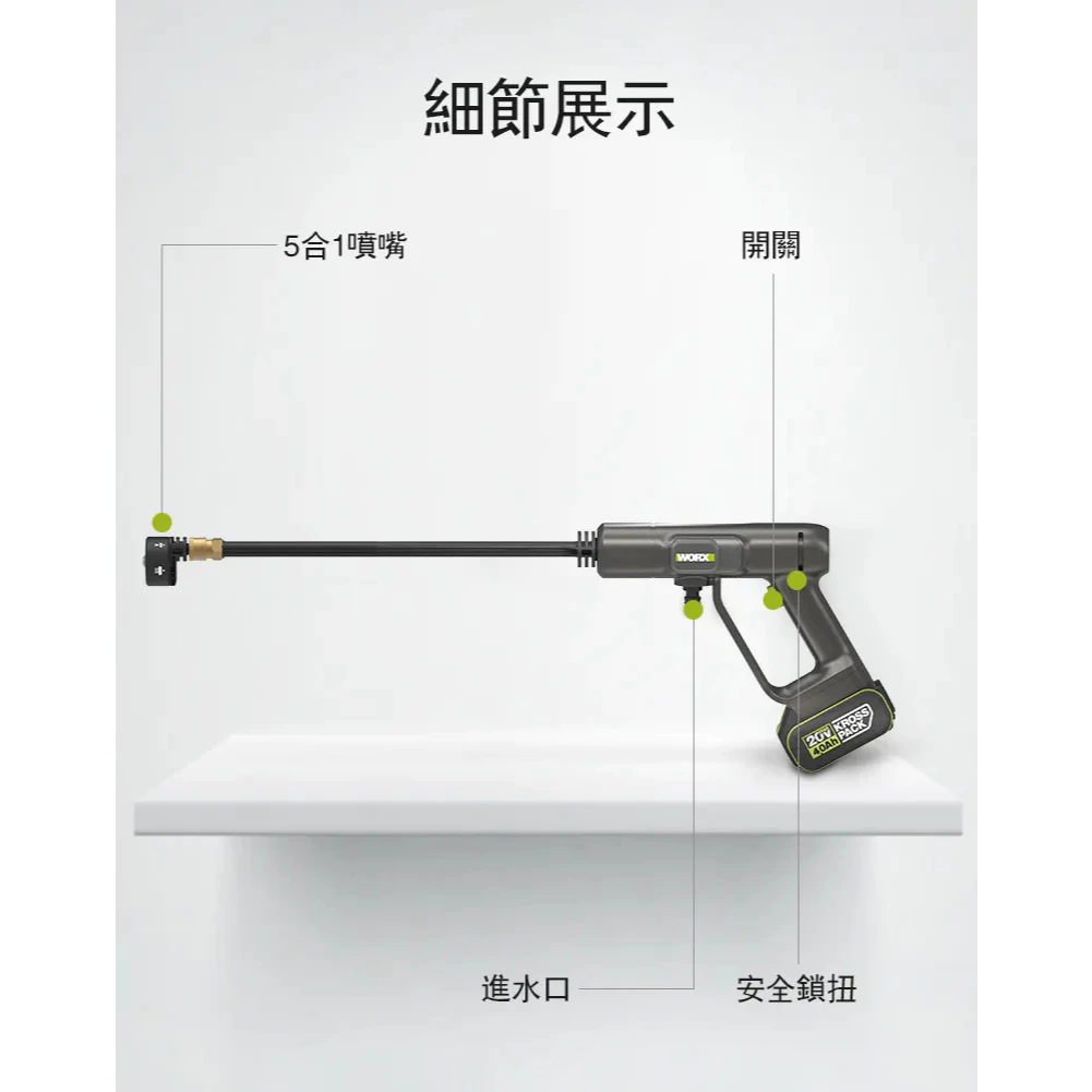 WU623 鋰電無刷高壓清洗機 20V 洗車機 高壓洗車機 大流量 高壓水柱 5和1噴頭 超長軟管 WORX威克士