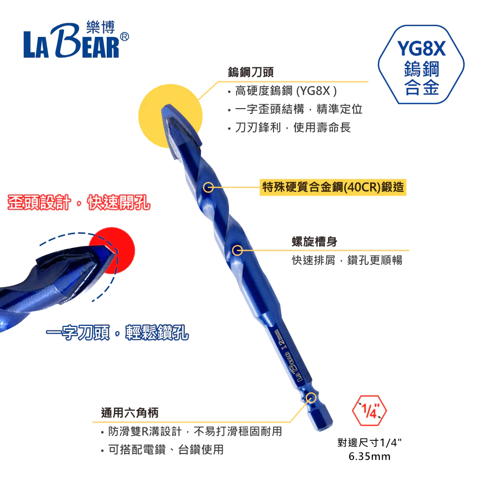 【LaBear】一字刃偏心鑽 鎢鋼刀頭 開孔鑽尾 瓷磚 玻璃 石材 陶瓷 水泥鑽 歪頭偏心鑽頭 雙溝六角柄