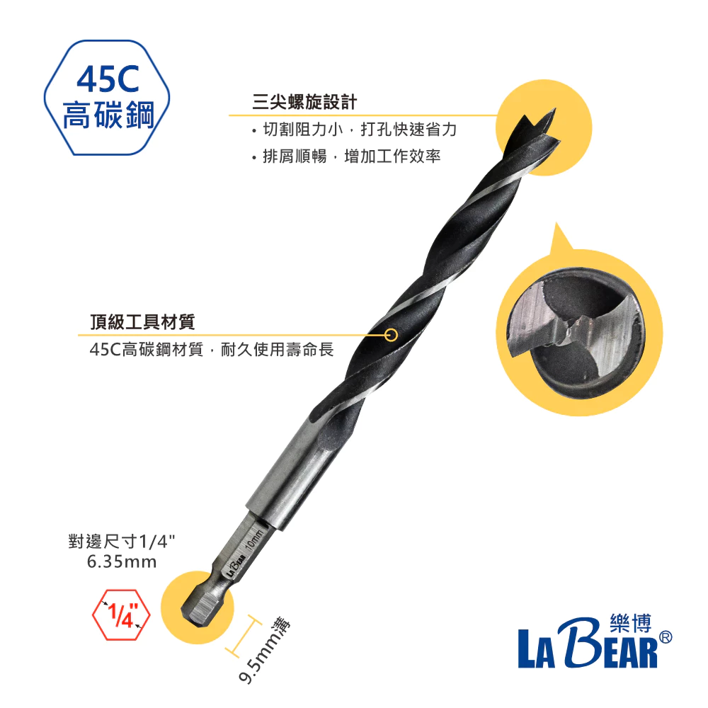 【LaBear】木工鑽 1.5-10mm 木工三尖鑽 開孔 木工 六角柄木工鑽 三尖木工鑽 木工開孔 木工鑽頭 鑽尾