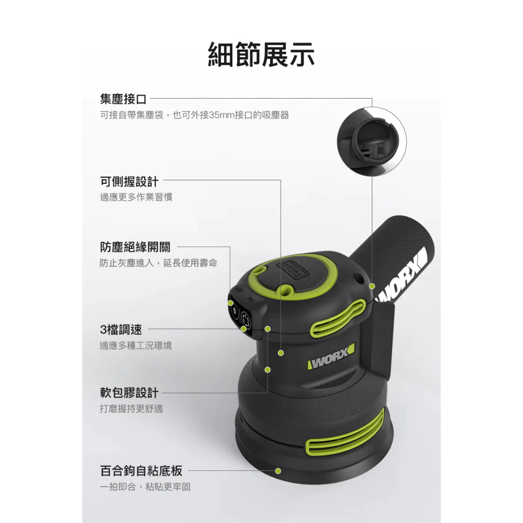 WU657無刷鋰電圓砂機20V 木工研磨 打磨機 洗車 打蠟 拋光 油漆 研磨 手工 集塵 可重複使用 WORX 威克士