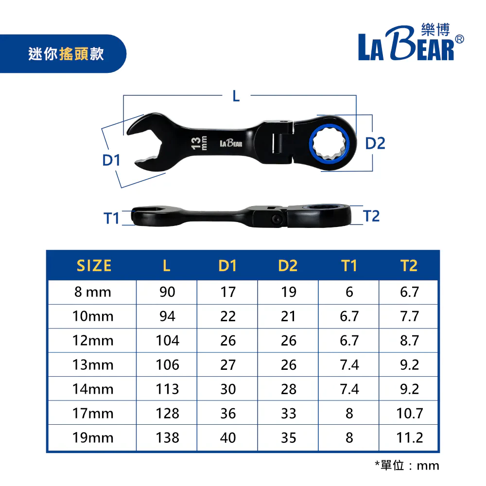 【LaBear】迷你搖頭電著黑棘輪梅開扳手 開口端防滑 8-19mm 梅開扳手 棘輪扳手 120齒 短扳手 台灣製