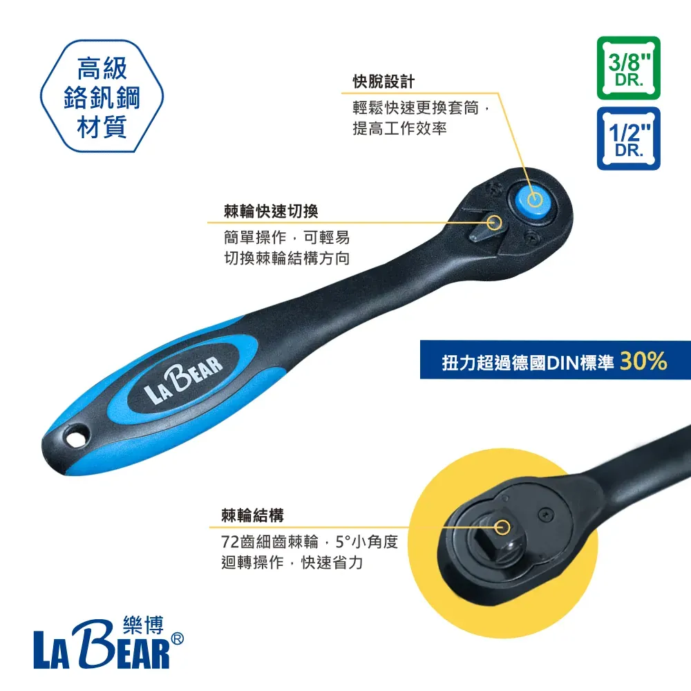 【LaBear】專利設計 止滑套筒扳手組 三分 3分 雙向棘輪扳手 萬向接頭 延長接桿 六角手動套筒組