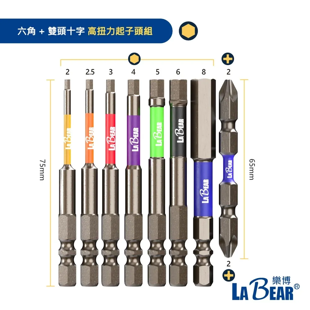 【LaBear】8pcs 彩色 高扭力起子頭 六角/星型 雙溝起子頭 1/4