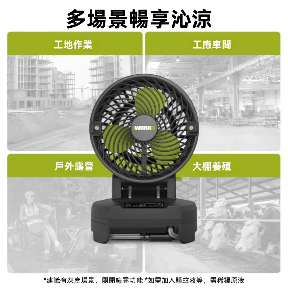 WU053 8吋 噴霧式風扇 20V 4.5m 大風力 露營 工廠 夏季必備 悶熱必備 電源供應器 WORX 威克士