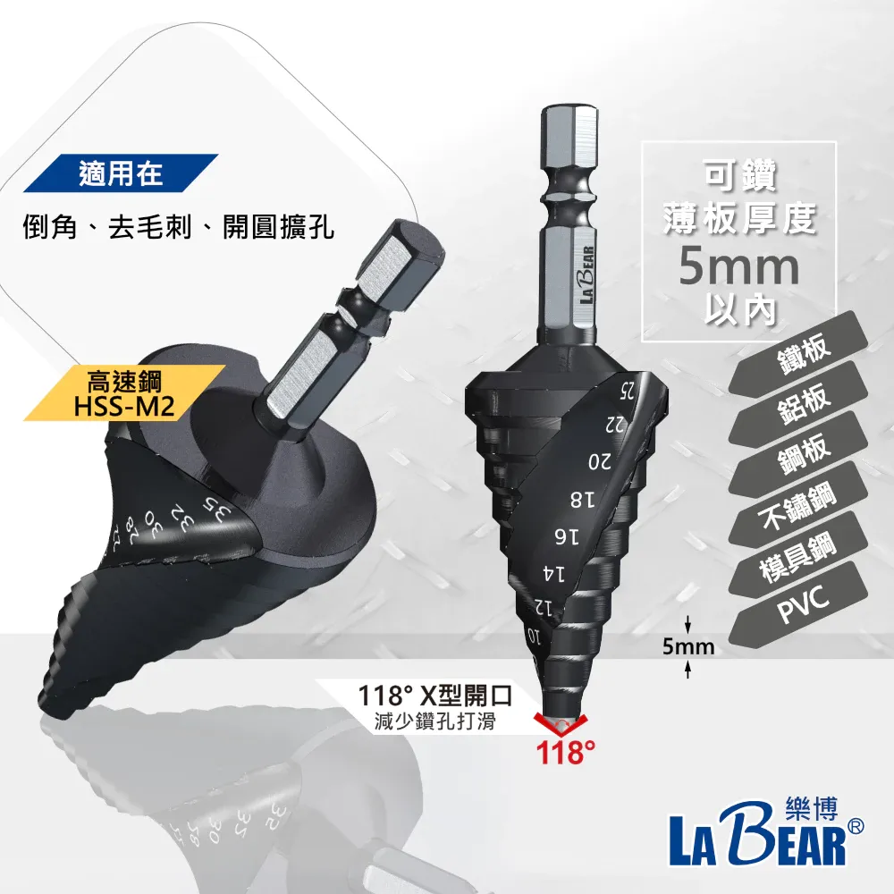 【LaBear】階梯鑽 兩刃/四刃 螺旋 白鐵用鑽尾 HSS高速鋼 3-13mm/4-25mm/6-35mm 專業級階梯