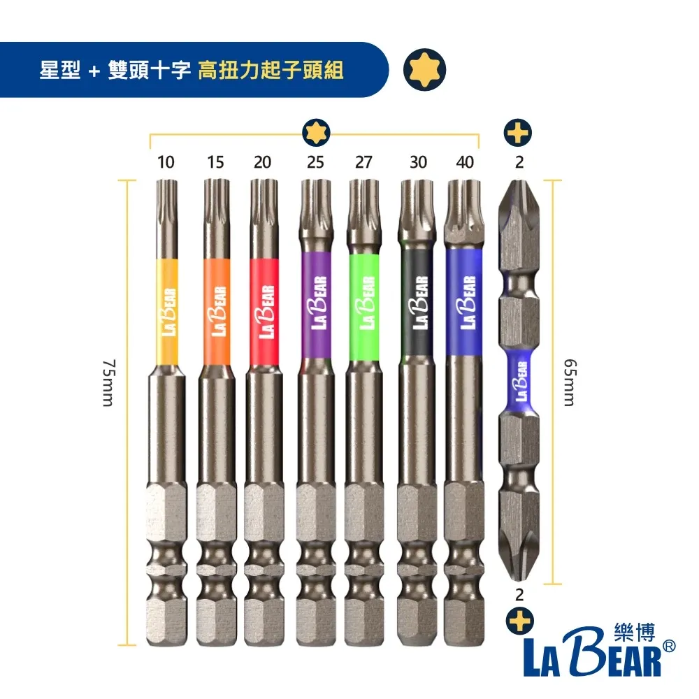 【LaBear】8pcs 彩色 高扭力起子頭 六角/星型 雙溝起子頭 1/4