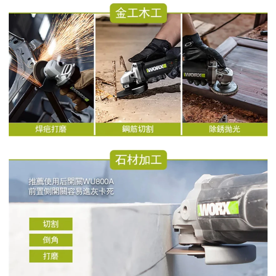 WU800A 平面砂輪機 100mm/720W 細柄 切割 角磨 拋光 切割 金屬 木頭 水電 砂輪機 WORX威克士