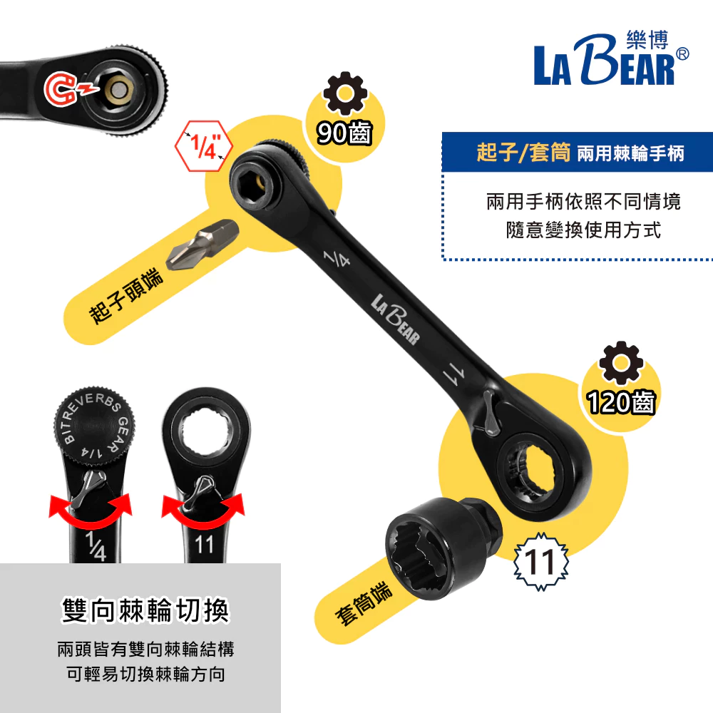 【LaBear】黑鐵盒收納 2分 迷你兩用棘輪手柄 穿透套筒/起子組 超短穿透式套筒 止滑套筒 雙向 棘輪扳手 台灣製
