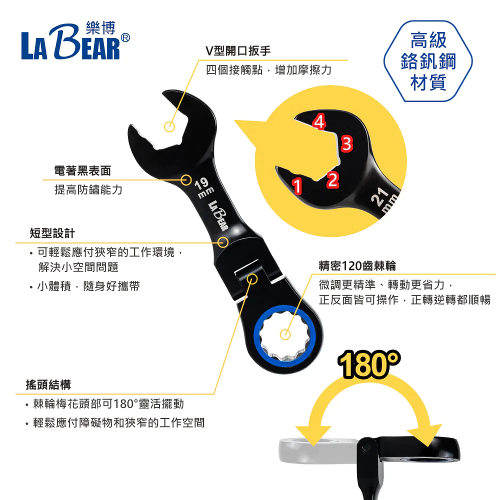 【LaBear】迷你搖頭電著黑棘輪梅開扳手 開口端防滑 8-19mm 梅開扳手 棘輪扳手 120齒 短扳手 台灣製