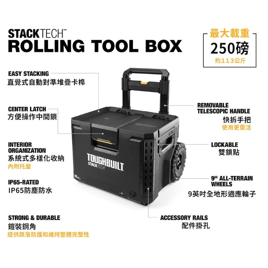 TB-B1-B-70R 9吋全地形附輪工具箱 TOUGHBUILT托比爾 快扣 工具箱 提籃 防水 堆疊式 拉桿 露營