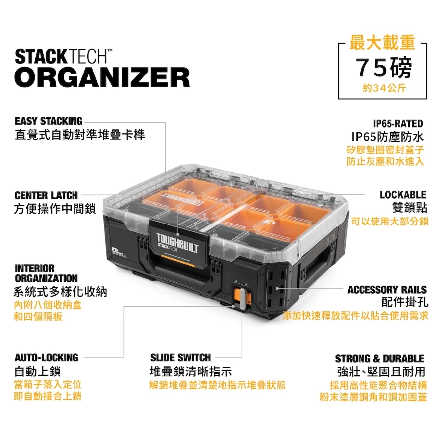 TB-B1-O-30 大零件盒 TOUGHBUILT托比爾 快扣 工具箱 防水 水電 堆疊式 零件 模型 螺絲 透明上蓋