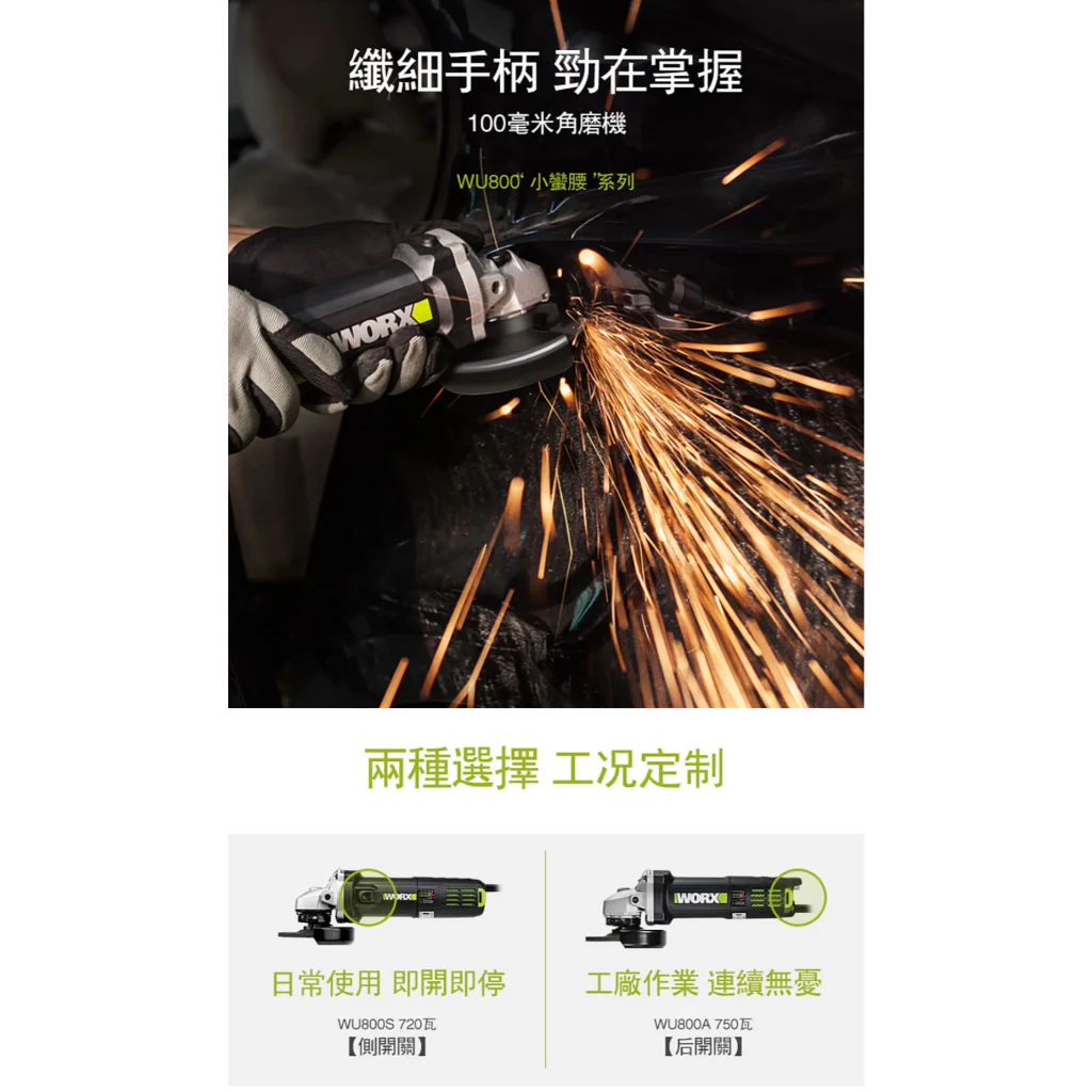WU800A 平面砂輪機 100mm/720W 細柄 切割 角磨 拋光 切割 金屬 木頭 水電 砂輪機 WORX威克士