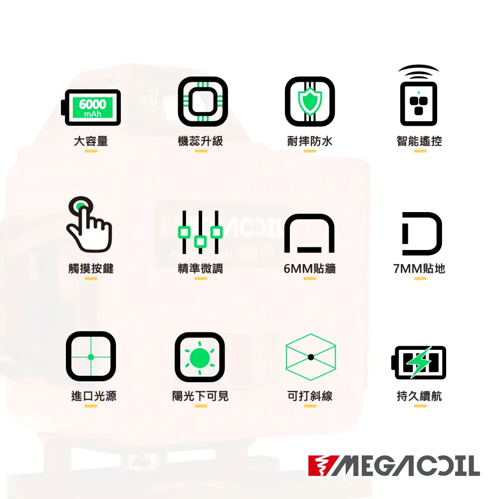 【MEGACOIL】雷射水平儀 8/12/16線 綠光 電子水平儀 自動校正 水平儀 激光水平儀 戶外可用 水電 木工