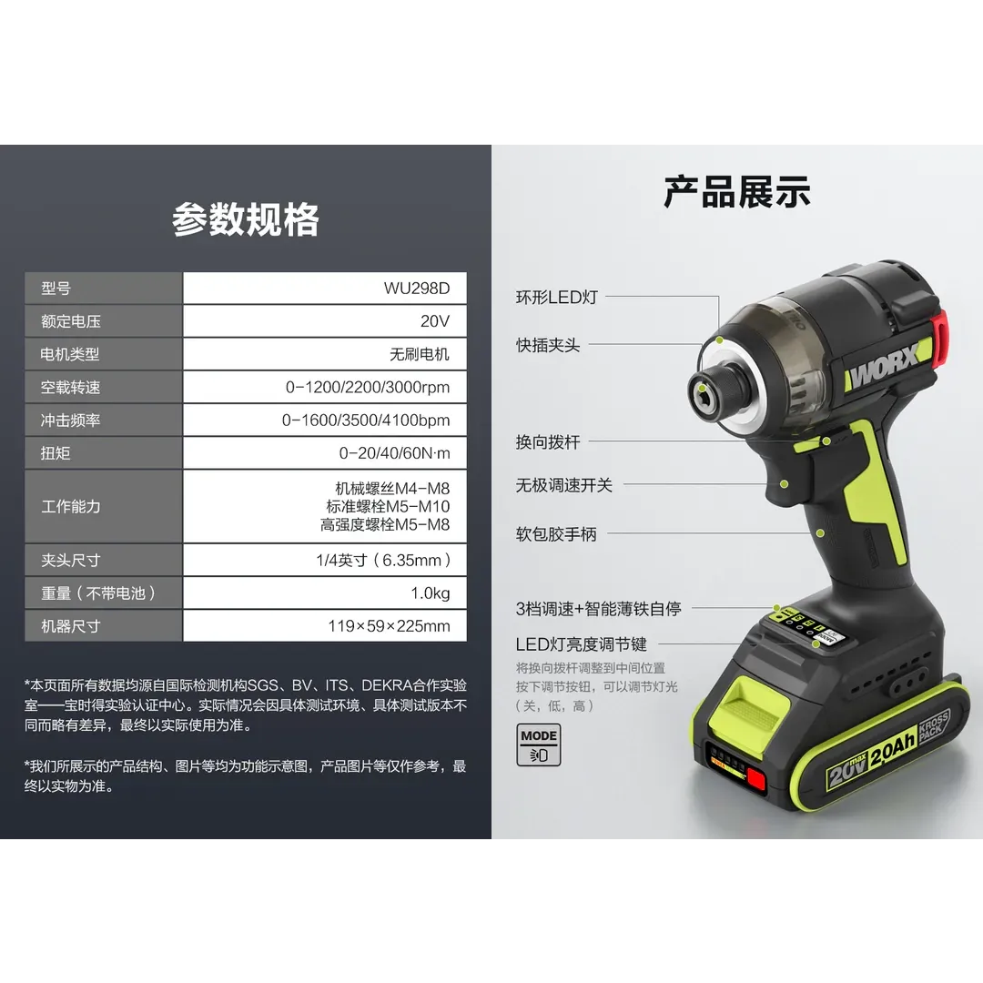 WU298D油壓起子機 60 N.m 75dB 20V 電動工具 高轉速/扭力 居家 水電 金屬 水泥 WORX 威克士