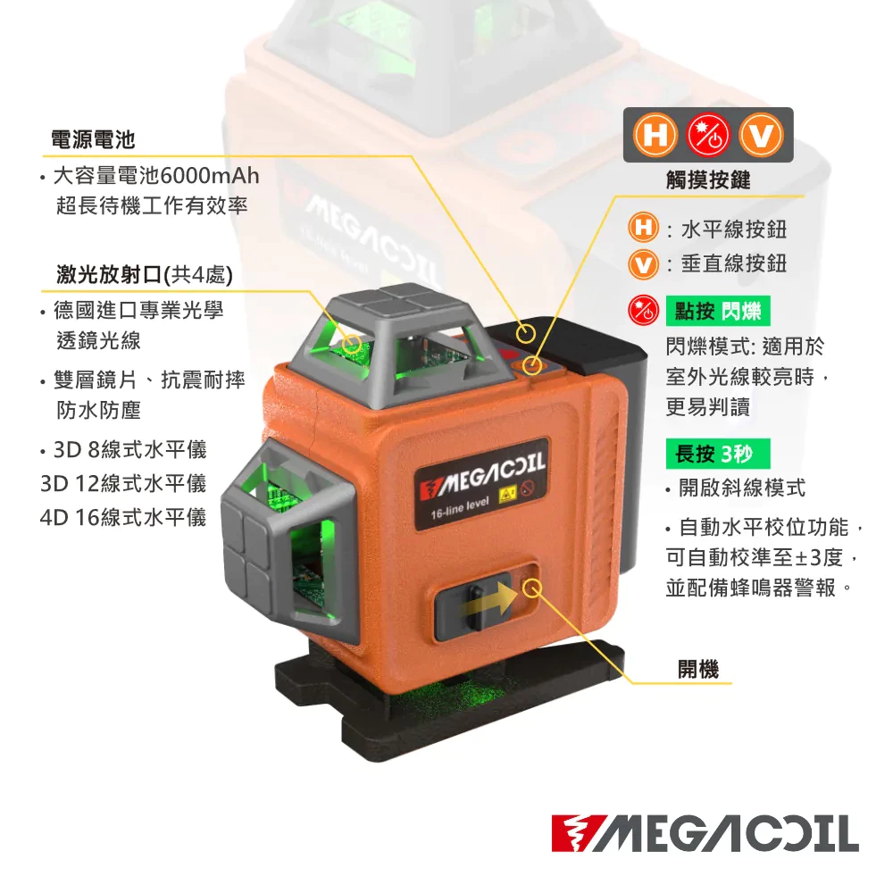 【MEGACOIL】雷射水平儀 8/12/16線 綠光 電子水平儀 自動校正 水平儀 激光水平儀 戶外可用 水電 木工