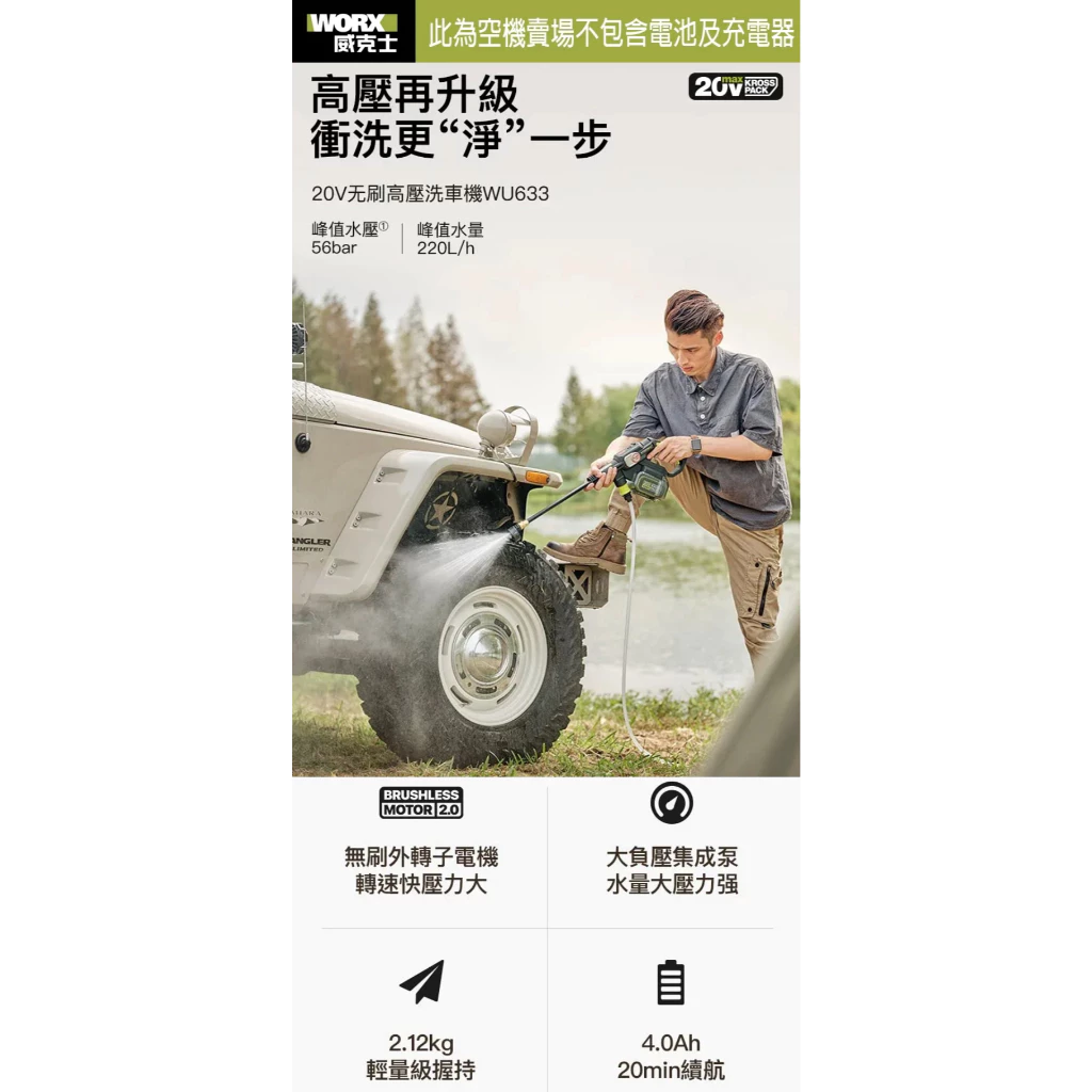 WU633鋰電無刷高壓清洗機 20V 清潔 洗車機 高壓洗車機 大流量 高壓水柱 5和1噴頭 超長軟管 WORX 威克士